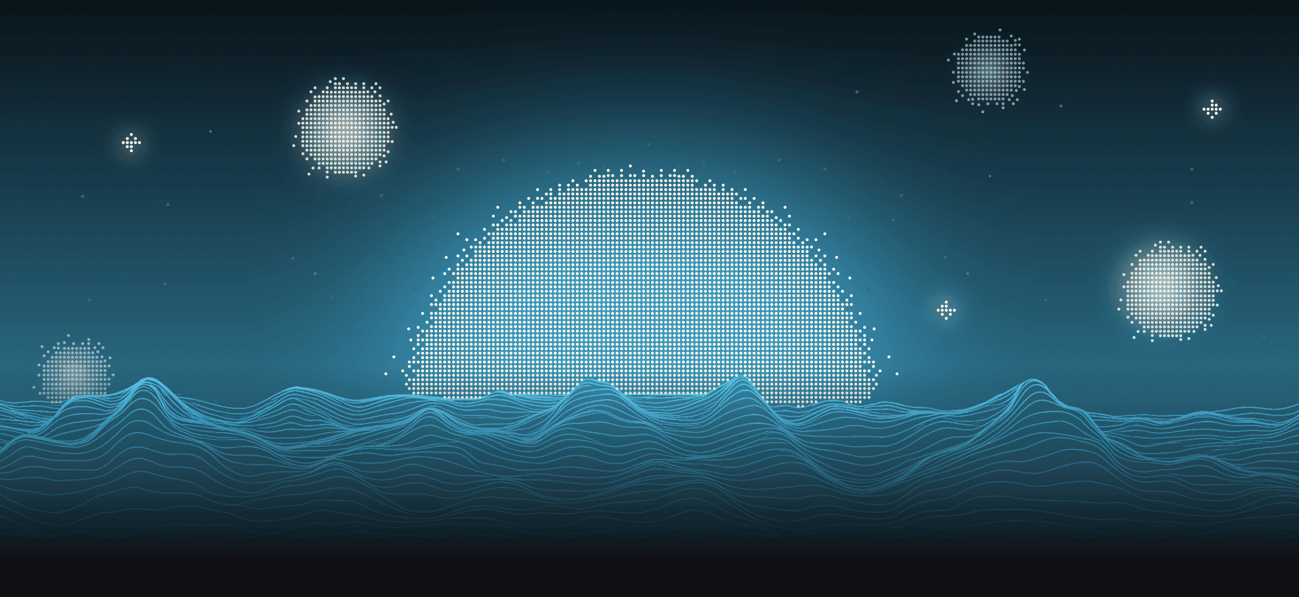 Abstract digital landscape with rising dotted moon and glowing orbs, symbolizing growth and expansion.